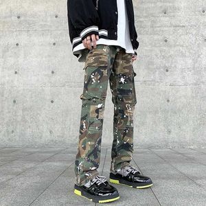 Men's Jeans Military Design Camoflage Pants Men Damaged Hand-painted Side Pockets Trousers Males Baggy Jeans Y2K T240515