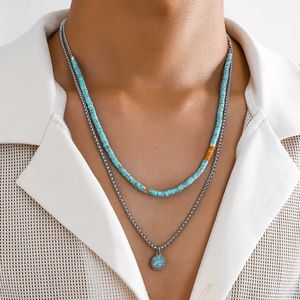 Pendanthalsband Salircon Punk Simple Silver Color Metal Box Chain Halsband Bohemian Blue Stone Bead Halsband Mens Casual Party Jewelry J240516