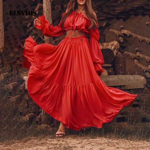 Grundläggande casual klänningar Autumn Winter Nya solida kvinnor eleganta 2 -stycken set Tube Top Puff Sleeve Ruffled Crop Tops och lång kjoldräkt Lady Two Piece Set J240516