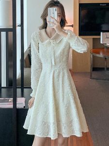 Casual Dresses Autumn Winter Luxury Elegant Party Vestidos 2024 White Lace Jacquard Flocking Dress Women Korean Bodycon Pearl Polo Collar