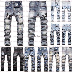 Jeans masculinos europeu Jean Broken Hombre Letter Star Men Borderyy Patchwork Ripped for Trend Brand Motorcycle Pant Skinny
