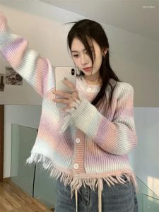 Women's Knits Gradient Elegant Loose Color Contrast Stripe Tassel Design Sweater Woman Gentle O-neck Single Breast Versatile Knit Cardigan