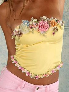 Women's Tanks Camis CHRONSTYLE Women Summer Slim Tube Tops 3D Flower Pearl Patchwork Strapless Off Shoulder Tank Back Zip Up BustiersMini Vest 2024 Y240518