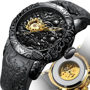 손목 시계 Biden 패션 골드 드래곤 조각 남성 시계 자동 기계식 방수 실리콘 스트랩 손목 시계 relojes hombre 241t