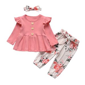 Conjuntos de roupas da primavera e outono Baby Girl Roupas de 3 peças Conjunto de roupas de malha de mangas compridas Top-shirt e calças florais com Bow J240518