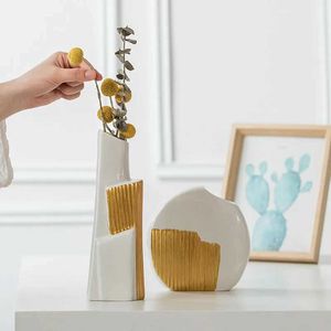 Vases Nordic Ins Ceramic Vase Home Decoration Light Luxury Golden Ceramic Flower Pot Vase Wedding Home Decoration Craft Gift J240515