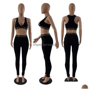 Womens Two Piece Pants Summer Women Tracksuits Fashion Set Sports Casual Letter Print Vest And Tights Leggings 2Pcs Yoga Sets For La Dhbm6