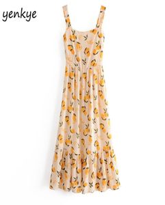 Летнее платье винтажное лимонное принт спагетти ремешок сексуальные женщины без рукавов квадратная шея aline midi chiffon vestido 2105145131726