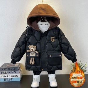 Вниз пальто зимнее мальчик детская куртка теплая флисовая подкладка детская одежда с капюшоном медведь кукла малыш малышка 3-14 лет чернокожие хаки XMP331