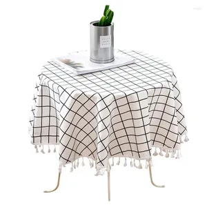 Table Cloth Japanese Round Soft Thick Cotton Linen Christmas Tablecloth Black White Striped Grid Print Fabric With Lace Tassel