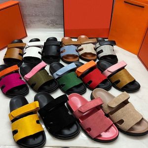 Designer chypre sandaler kvinnor äkta läder sandal mocka tofflor tjocka botten flip flops summ marin gröna kalvskinn toffler 2024