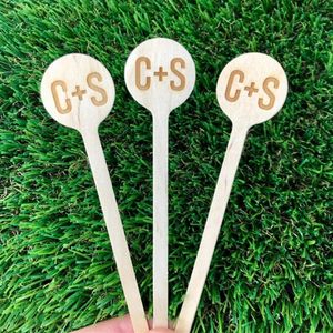 Party Favor 50 Custom Wood Engraved Stir Sticks Cocktail Wedding Drink - Monogrammed Initials Round Top