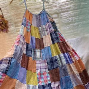 Vestidos casuais Verão Vintage Spaghetti Strap Big Size Long Midi Dress Retro Tartan Patchwork Hippie Gypsy Boho Ibiza