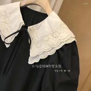 Women's Polos Doll Neck Black Dress Summer 2024 French Design Sense Retro Double Layer Lace Embroidery Bubble Sleeves Loose