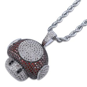 Hip Hop Cartoon Mushroom Pendant Necklace Iced Out CZ Stone Copper Gold Silver Color Plated with 24 Inch Rope Chain 263N