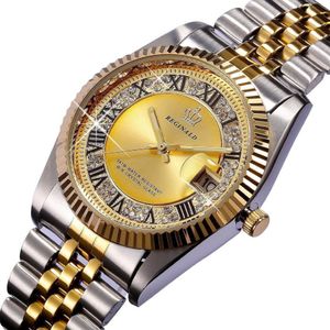 REGINALD Quartz Watch Men Datejust 18k Yellow Gold Fluted Bezel Pearl Diamond Dial Full Stainless Steel Luminous Clock 263E