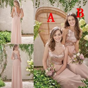 2020 Sexig Rose Gold Sequined Bridesmaid Dresses Long Chiffon Halter A Line Straps Ruffles Blush Pink Maid of Honor Wedding Guest Dresse 274m