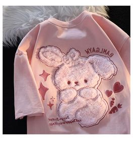 Pink bear short sleeve T-shirt for men and women in summer sweet and lovely plush three-dimensional embroidered couple jacket ins half sleeve