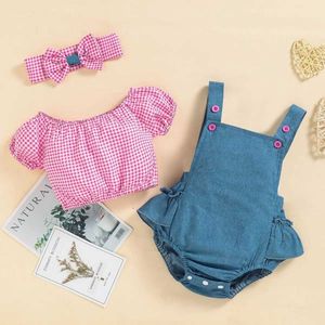 Set di abbigliamento Summer New Baby Girl semplice a maniche corta Top in denim Triangle Adattatura aderente+tuta per il set da tre pezzi set J240518