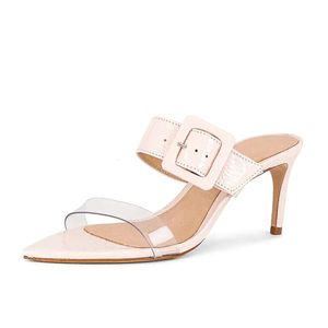 Panie kobiety 2024 Prawdziwa skórzana skóra PVC 9 cm Wysokie obcasy Sandały Sandałowe sukienki Buty Pumple Sipper Sumpal Casual Peep-Toe Otwarte palce u nóg imprezowy ślub Dimond Transparent SA D2BF