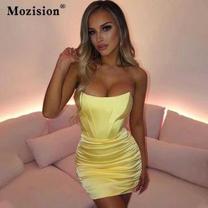Runway Dresses Mozision Satin Strapless Ruched Dress for Women Summer Off-Shoulder Slveless BodyCon Party Clubwear Mini Dresses Vestidos T240518