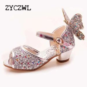 Sandals Girls Sandals Rhinestone Butterfly pink Latin dance shoes 5-13 years old 6 children 7 summer high Heel Princess shoes kids shoes H240518