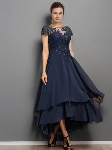 Elegant Chiffon Mother of the Bride Dresses Ankle Length A Line Long Evening Gown Lace Appliques Short Sleeves Wedding Guest Dress Groom Mom Dark Navy Formal Wear