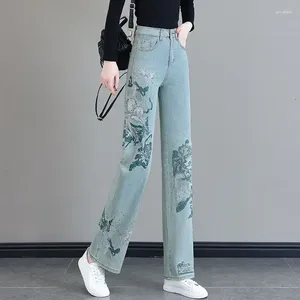 Jeans femininos bordados calças largas de perna 2024 estilo country chinês de cintura alta solta