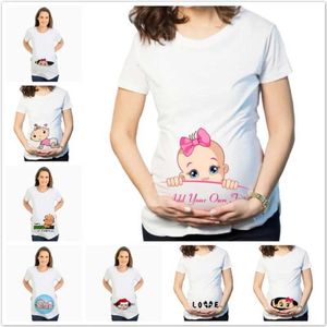 Moderskapstoppar tees kvinnor t-shirt tecknad gravid kvinna topp baby rolig gravid kvinna t-shirt bomull kortärmad gravid kvinna t-shirt s-3xl h240518