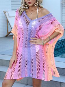 Women S Cover Up Dress Casual Loose V Neck Short Sleeve Crochet Hollowed Gradient Knit Swimsuit Ups For Vacation Beach