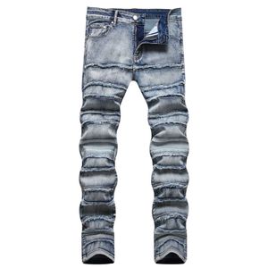 Jeans masculino rock retro blue mass skinny calça jeans de retalhos de retalhos jeans desgastados para masculino T240515