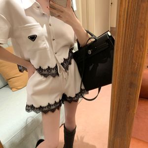 Newest Designer women leisure wear tracksuits sexy lace pajamas classical triangle letter suit beach casual short-sleeved shirt shorts SML