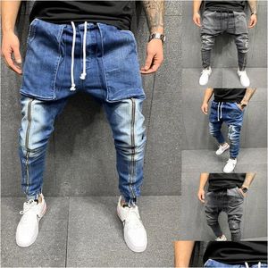 Mens Jeans Fit Zipper Pocket Design High Street Men Died Denim Joggers Pants Washed Pencil Drop Delivery Apparel Clothing Dhfsb