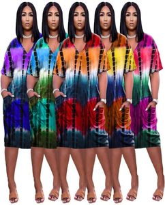 Plus storlek 3xl Kvinnor Tie Dye Dresses V Neck Short Sleeve Maidi kjolar Summerkläder Femmar Fem färger Kvinnlig löst lös klänning3006557