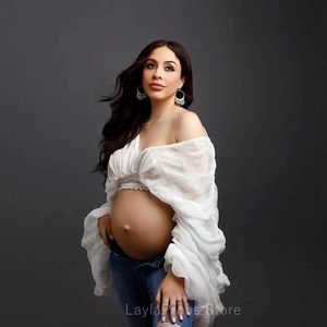 Moderskapstoppar tees vita chiffong mödrar fotografering korta klänningar flare hylsa se genom graviditet fotografering flygklänningar h240518