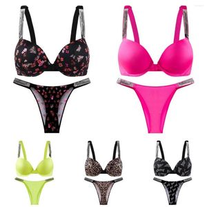 Bras Sets Women Push Up Bra Letter Print Rhinestone Seamless Padded Underwired Diamond Strap Lingerie 75B 75C 80B 80C 85B 85C Cup