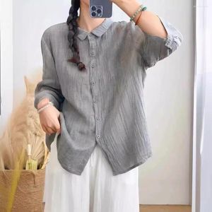 Kvinnors blusar 2024 Summer Women Shirt Ramie Three Quarter Sleeve Loose Cardigan Solid Color Fashion Casual Lady Blouse Female Yoyikamomo