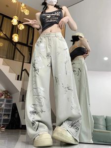 Kvinnors jeans graffiti kvinnor hög midja vintage rak baggy denim pants street hiphop amerikansk stil casual bred benbyxor