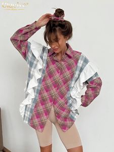 Moda Clacive Camisa xadrez solta feminina 2024 Vintage Bloups de manga longa vintage elegante clássico ruffle tops roupas femininas 240507