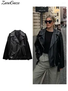 Women's Jackets Long Sleeve PU Leather Jacket Women Turn Down Collar Zipper Pockets Loose Lady Outerwear Spring Moto & Biker Coat Woman