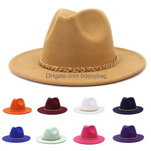 Party Hatts Solid Color Fedora Hat Metal Chain Womens Wide Brim Jazz Autumn and Winter British Vintage Panama Wholesale Drop Delivery O OTBSB