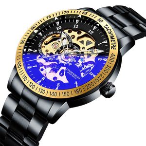 손목 시계 럭셔리 남자 골격 자동 시계 검은 스테인리스 스틸 남성 기계식 스포츠 시계 방수 남성 시계 relogi 168z