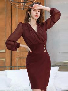 Casual Dresses Fashion Spring Autumn Commute Short Pencil Dress Women Clothing Elegant Formal Sheer Long Sleeve V-Neck Slim Midi Mujer