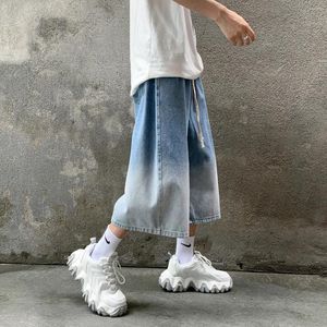 Mäns jeans koreanska mode män gradient denim shorts bred ben jorts man sommar streetwear överdimensionerad avslappnad baggy