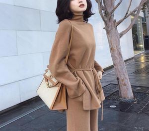 Knitted turtleneck sweater 2 pieces Set Tracksuits Women 2019 Autumn Loose SweaterAnkleLength Pants Warm Cashmere Large Suit17317198