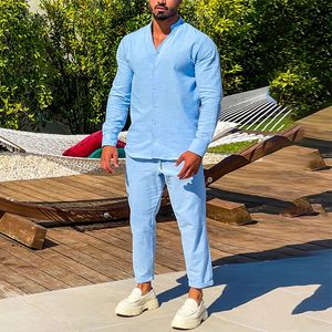 MENS SETTS BOMULL LINEN vår Summer Long Sleeve Butted Stand Collar Skjorta och byxor Casual Streetwear Male Two Piece Suit 240517