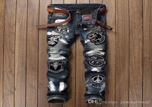 Bleached Ripped Embroidery Tiger Patchwork Mens Jeans Slim Biker Jeans Long Denim Pencil Pants Hommes Fitting Streetwear Distresse5477492