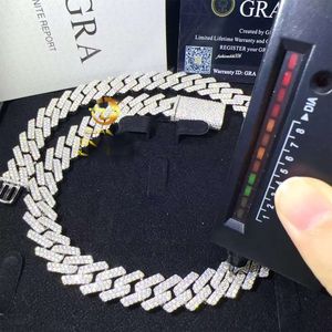 Hot Salking Bulk Stock Pass Diamond Tester Sier Sier 15mm Duas linhas Iced Out Hip Hop VVS1 Moissanite Cuban Link Chain