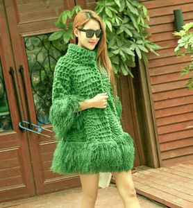 Women039s fashion natural rabbit fur stand collar three quarter sleeve loose mongolian fur tassel bottom medium long fur coat c9991839