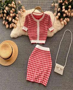 Koreanic Chic Sweet Stick zweiteils Set Women Plaid Kurzarm Pullover Strickjacken Minirock Anzüge Mode Casual 2 2105147006613